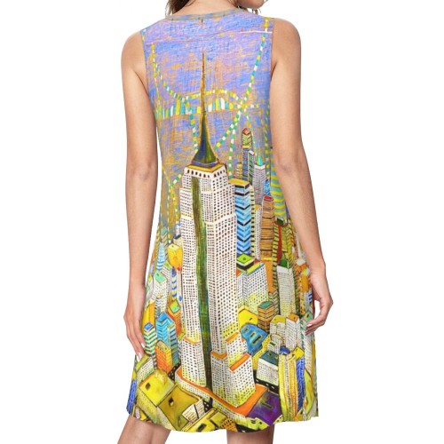 Empire of Manhattan Sleeveless Round-Neck Knee-Length Dress with Side Pockets