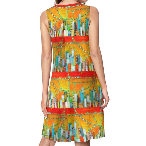 City in Orange Sleeveless Round-Neck Knee-Length Dress